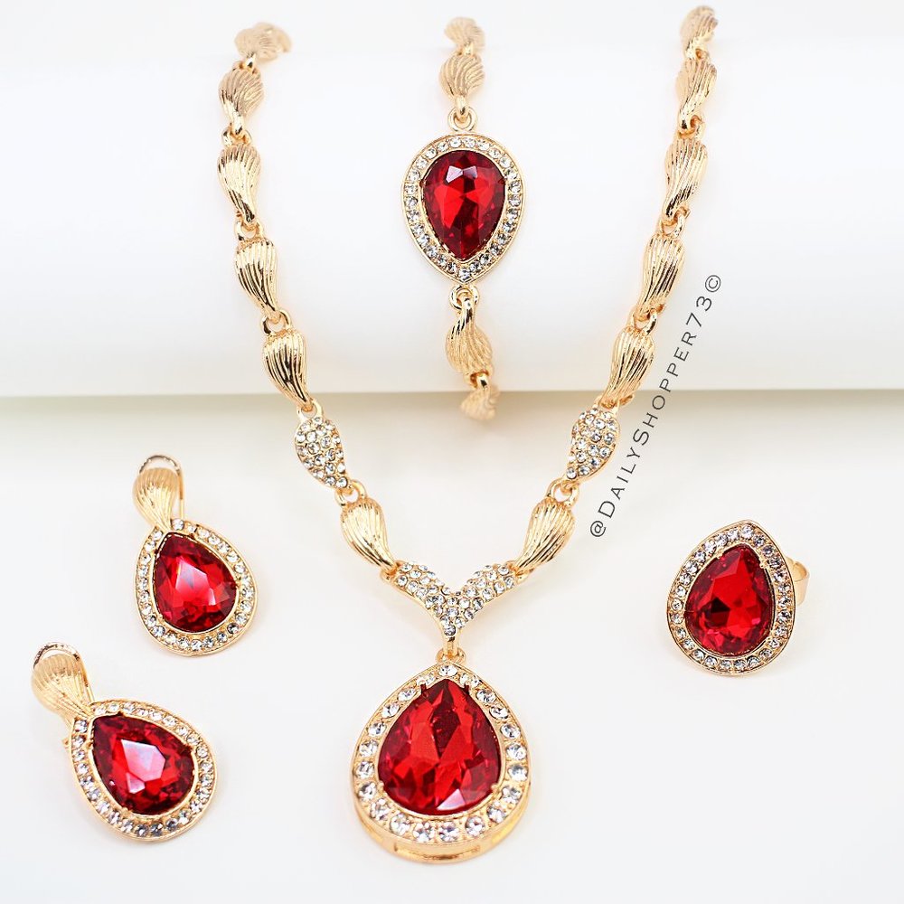 Women's Red Pear Cut Glass Rhinestone Jewelry Set